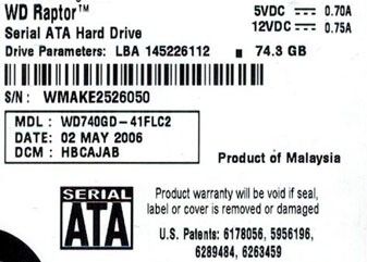 WESTERN DIGITAL RAPTOR 74GB WD740GD 41FLC2 DCM HBCAJAB 022769903460 