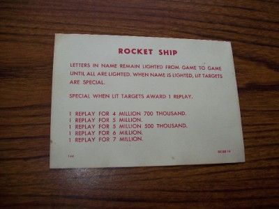 1958 GOTTLIEB ROCKET SHIP ORIG PINBALL INST. SCORE CARD  