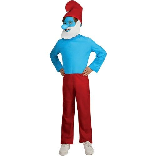 Papa Smurf Costume Boy Child Blue Makeup Nose Jumpsuit Red Hat  