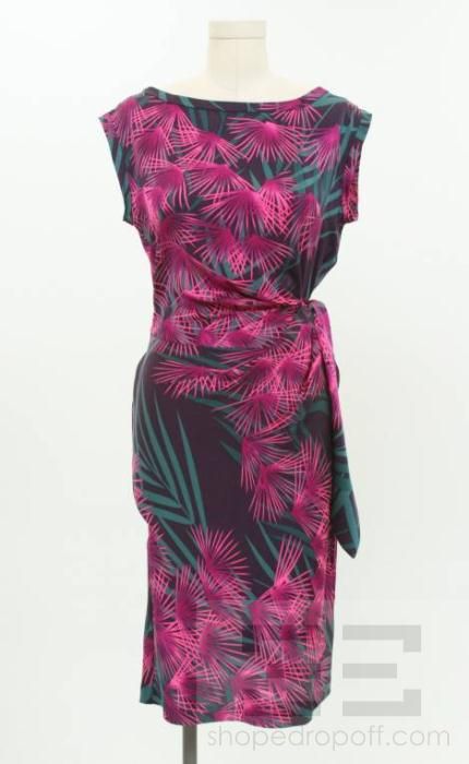 DVF Diane Von Furstenberg Fuchsia & Green Silk Sleeveless Tie Front 