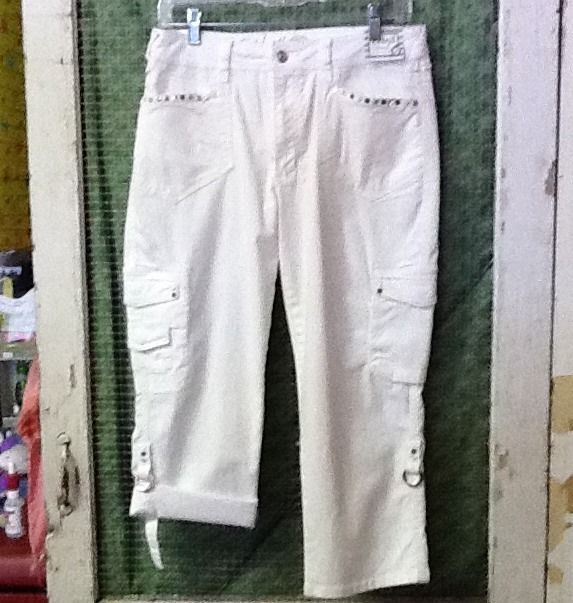 Ethyl Jeans White Cargo Capri W/ Roll Up Leg & Bling  