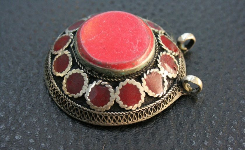 VINTAGE KUCHI AFGHAN NOMAD CORAL ETHNIC TRIBAL PENDANT  