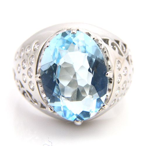   35Grams Genuine Blue Topaz White CZ 925 Sterling Silver Class Ring Sz8