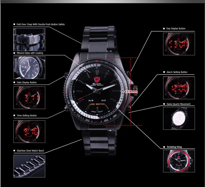 Mens Shark Fashion Military Army Sports Red LED Analog Quartz Wrist 