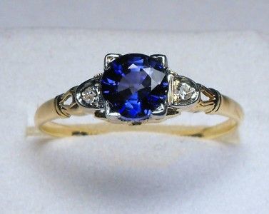 ANTIQUE ART DECO INTENSE SPARKLING BLUE GENUINE SAPPHIRE/DIAMOND SOLID 