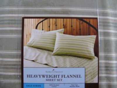 QUEEN GREEN SAGE STRIPE HEAVYWEIGHT FLANNEL SHEET SET NEW  