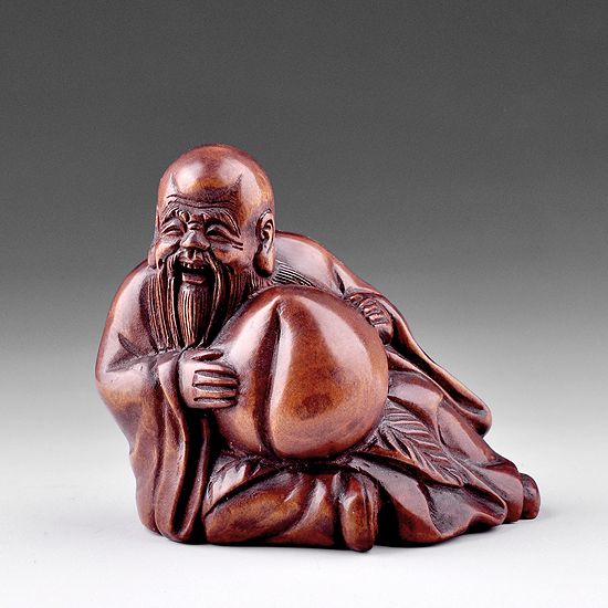 Craft Boxwood Wood Netsuke Carved longevity Hold Peach  