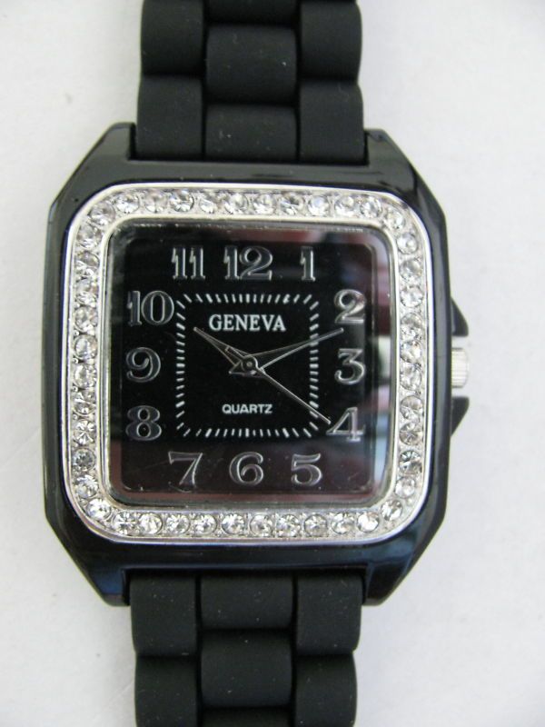 SILICONE JELLY SQUARE BLACK WATCH with RHINESTONES  