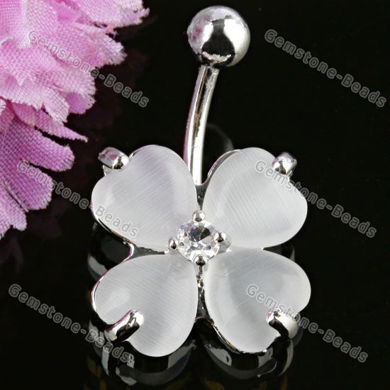 White Cat Eye Stone Four Leaf Clover SS Navel Ring 14g  