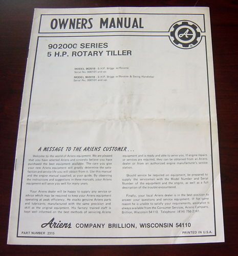 ARIENS 5 HP 902000 SERIES ROTARY TILLER OWNER MANUAL  