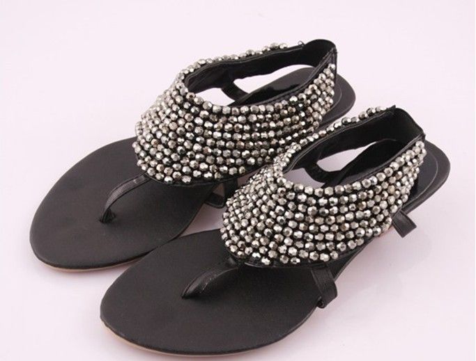 Women Beadings Low Heel Casual Thongs Sandals Shoes US5 9 #16  