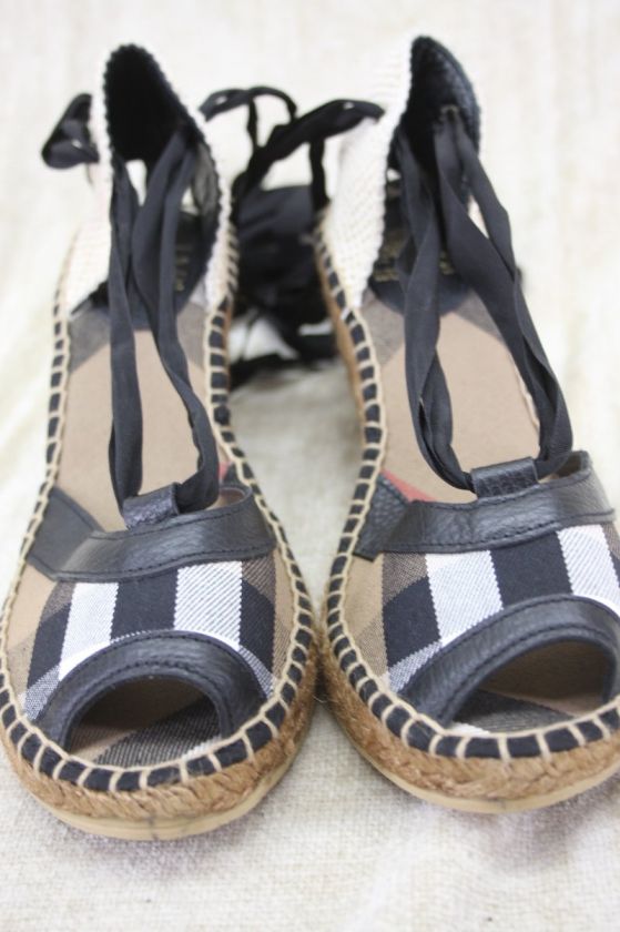 Burberry Black lace up Espadrille Wedge Sandals Nova Check 40 10 US 