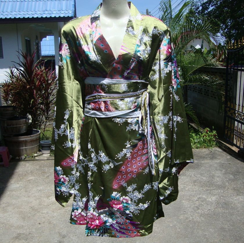 SILK JAPANESE CUMMERBUND KIMONO PEACOCK SHORT OLIVE GRN  