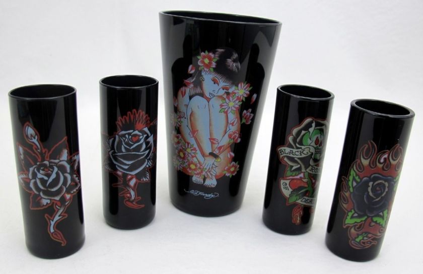   Hardy 4 Shot Glasses 1 Pint Glass Black Tattoo Art Alcohol Drinks New