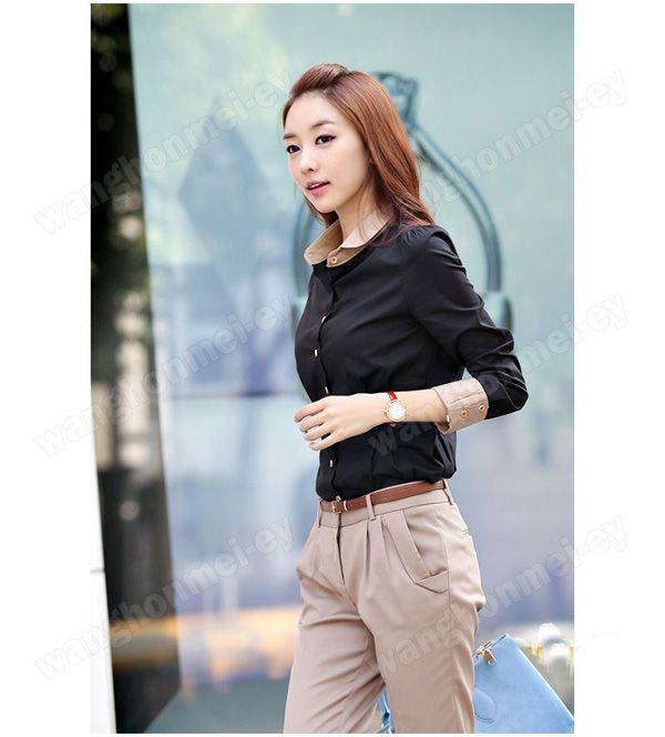 Womens Waist Detail button cuff Contrast Color round collar Top Shirt 