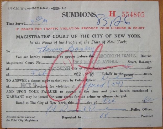 1962 Traffic/Speeding Ticket issued to Actor TOM BOSLEY  