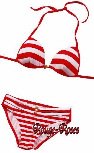 Sexy Red & White Stripes 2PC Halter Bikini Swimsuit L w404_r