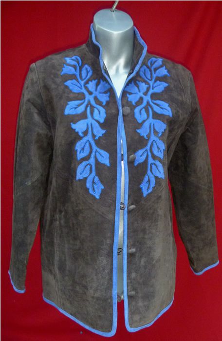 LINEA Chocolate Brown Suede Coat W/ Vivid Blue Trim~leather jacket S 