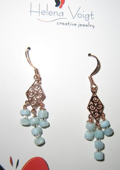 Rose Gold plated Rhombus Larimar Bead Gypsy Earrings  