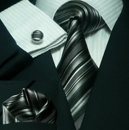 LANDISUN 84C BLACK STRIPE SILK SETTIE+HANKY+CUFFLINKS  