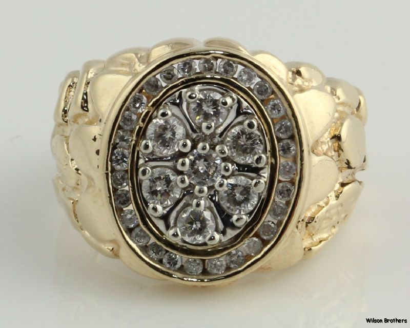   Diamond Cluster Nugget Mens Ring   10k White & Yellow Gold Band