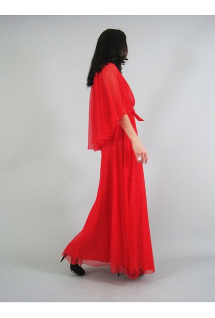 Vtg 70s SHEER SPARKLE DOTTED CAPE Benet red gypsy goddess prom party 