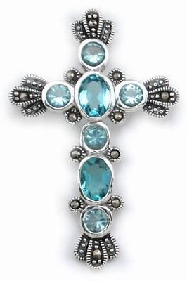 Lg Sterling Silver Aquamarine Marcasite Cross Pendant  