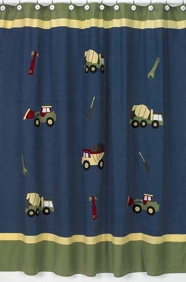 JOJO BLUE GREEN TRUCKS BUILDER KIDS BOY SHOWER CURTAIN  