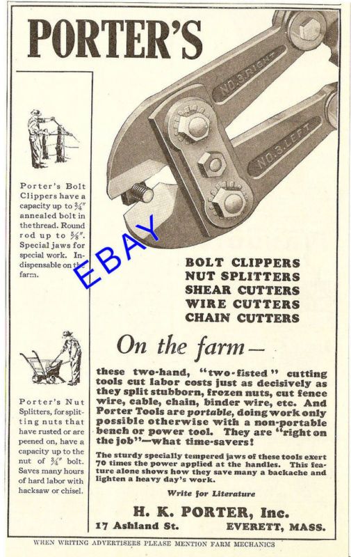 1929 PORTER BOLT CLIPPERS & WIRE CUTTERS AD EVERETT MA  