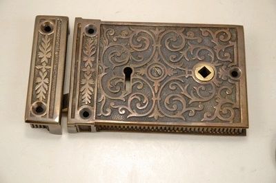 VICTORIAN RIM LOCK SET DECORATIVE SCROLL CAST BRASS  