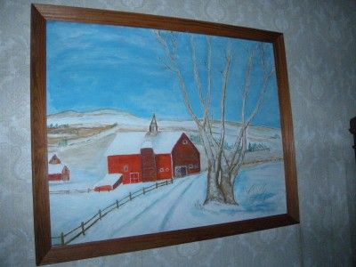 1976 R SANGER FOLK ART WINTER SNOWY SCENE BARN PAINTING  