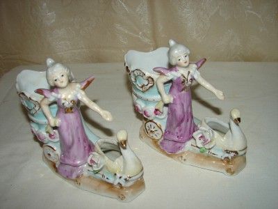 Vintage Pair Porcelain Figurines Women W/Swan Planters  