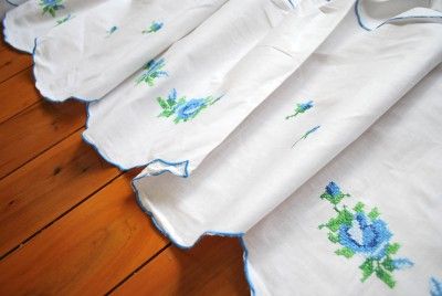 Cross Stitch Embroidery Rose Cafe Kitchen Curtain Blue  