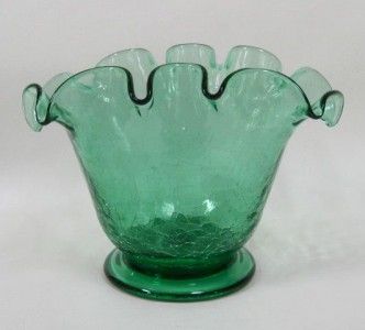 Hand Blown Ruffled Top Green Crackle Glass Vase  