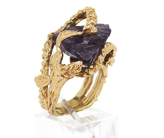 STUNNING 14K GOLD & ROUGH CUT AMETHYST FREE FORM RING  