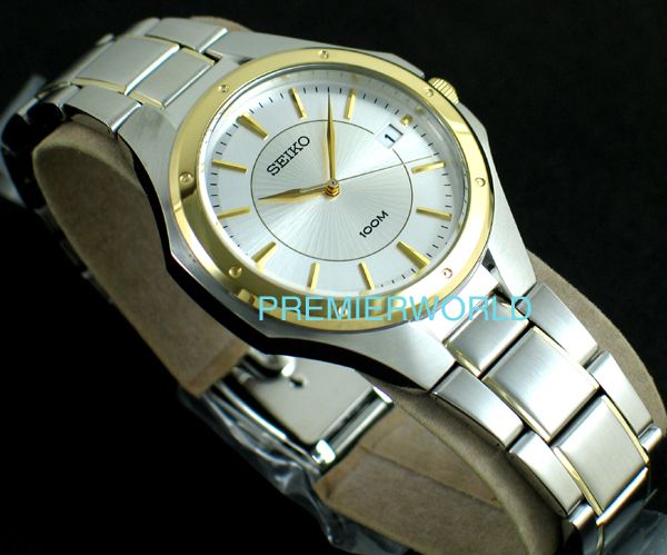 SEIKO MEN DATE GOLD TONE STEEL 2 TONE 100M WATCH SGEF62  