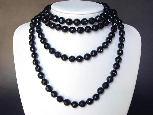 Necklace Black Onyx 60 10mm Facet Round Beads 14K  