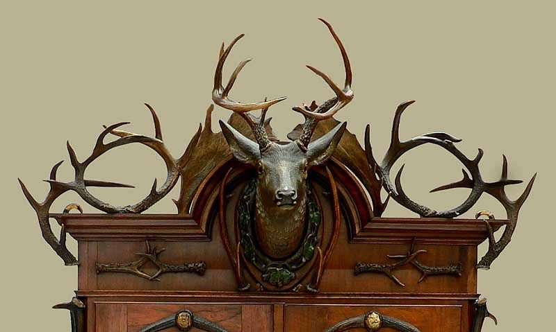 grandiose antique black forest antler gun cabinet ca. 1900  