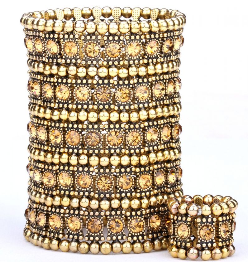 Gold crystal stretch cuff bracelet ring set 5 row A1  