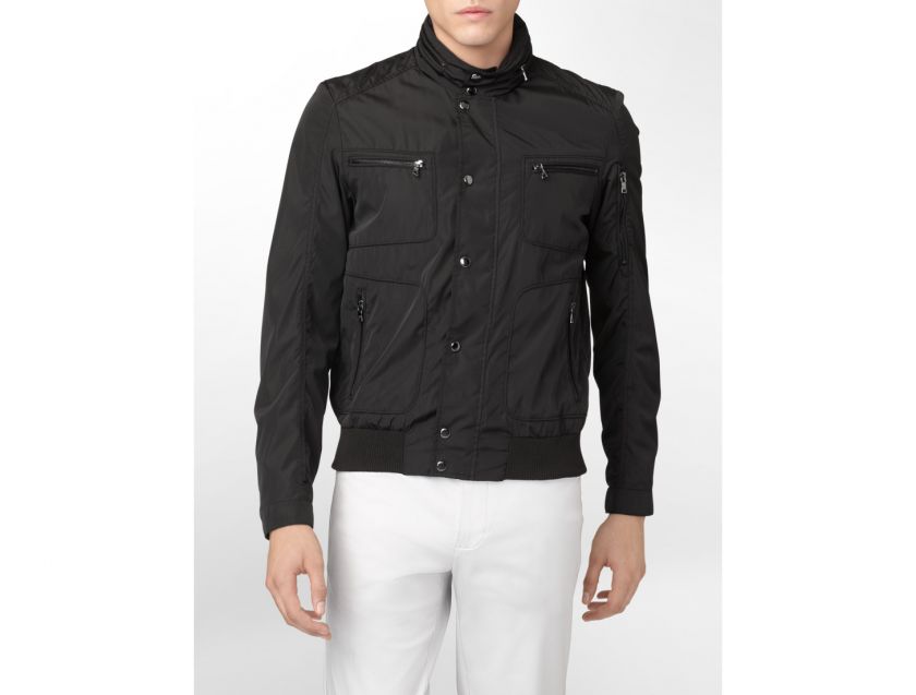 calvin klein mens short hooded nylon bomber jacket  