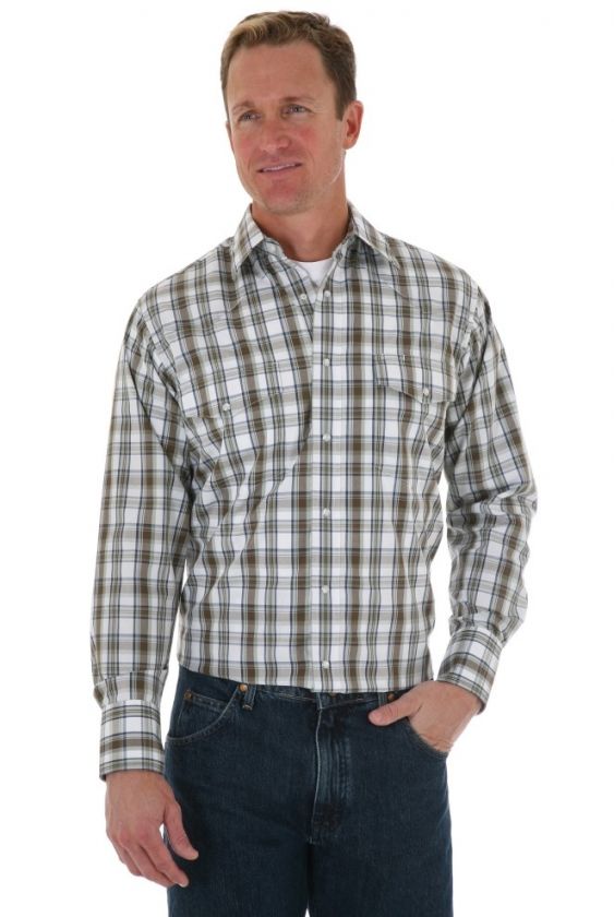 NEW #MWR052M WRANGLER MENS L/S OLIVE PLAID WRINKLE RESISTANT SHIRT 