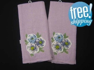 NIP NEW LOT 2 FLORAL FLOWER KITCHEN TOWELS PURPLE 17x27  