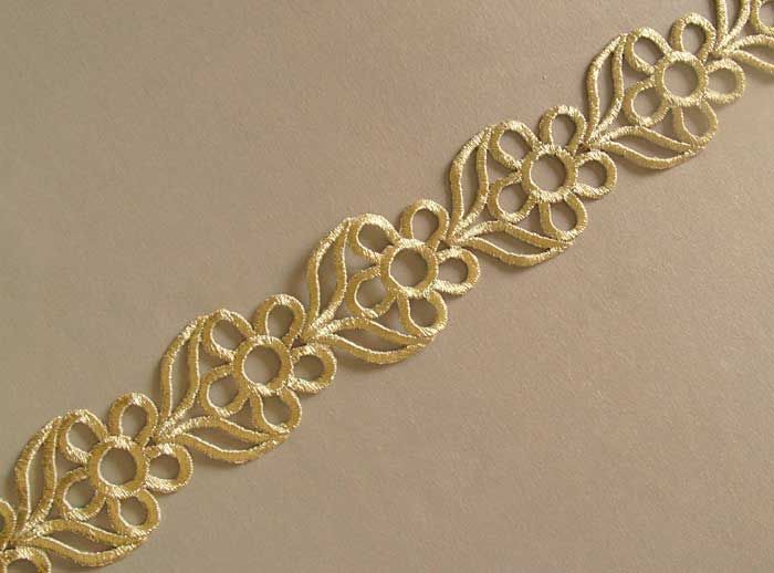 Embroidered, Iron On Trim. 3 Yards. Gold Flowers  