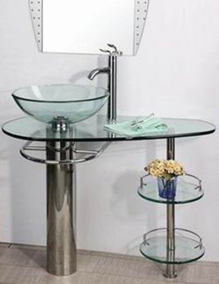   Vanity Clear Tempered Glass Vessel Sink w Faucet & Towel Rack  