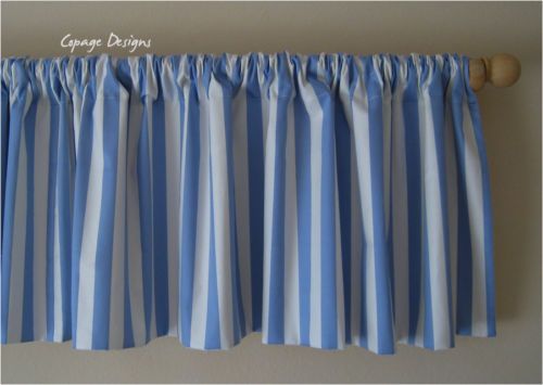 BLUE & WHITE AWNING STRIPE NURSERY ROD POCKET VALANCE  